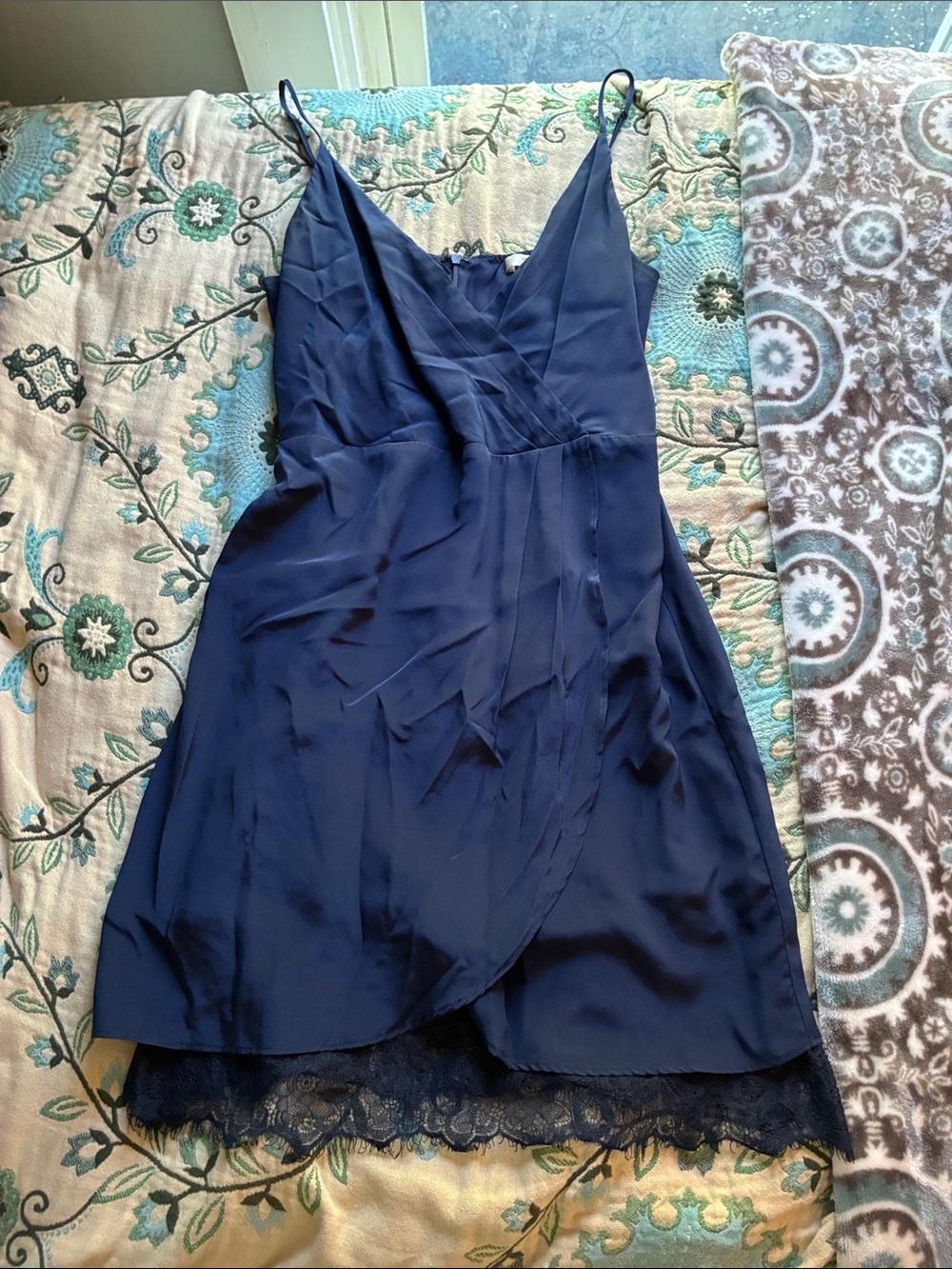 Lavender Brown Navy Satin Slip Dress with Lace Hem